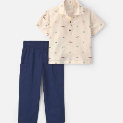 Toddler Boy 2-Piece Chambray Short-Sleeve Top & Pant Set - Cream/Blue