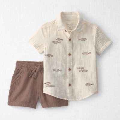 Toddler Boy 2-Piece Organic Cotton Gauze Embroidered  Top & Short Set