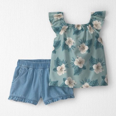 Toddler Girl 2-Piece Linen Top & Short Set Made with Organic Cotton in Blue Hibiscus