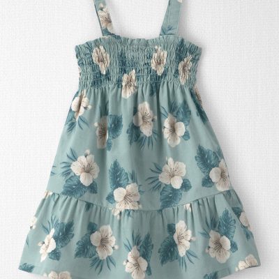Toddler Girl Smocked Linen Dress Made with Organic Cotton in Blue Hibiscus