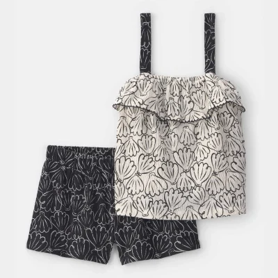 Toddler Girl 2-Piece Shell Ruffle Tank Top & Short Set - Black/Cream