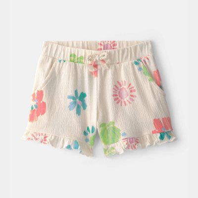 Toddler Girl Ruffle-Trim Summer Floral Shorts - Cream