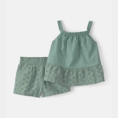 Toddler Girl 2-Piece Eyelet Tank Top & Short Set - Green