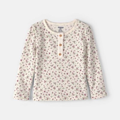 Toddler Girl Floral Henley Top - Ivory