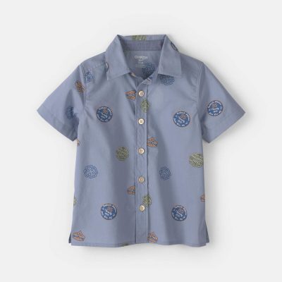 Toddler Boy Patchwork Poplin Short-Sleeve Button-Down Shirt - Blue