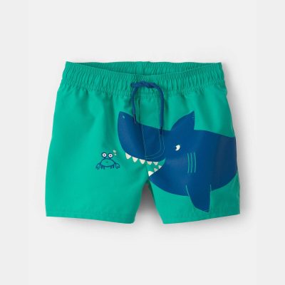 Toddler Boy Shark Swim Trunks - Green/Blue