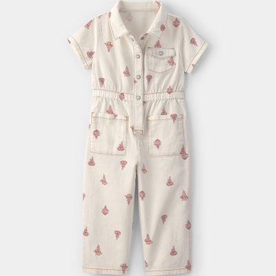 Toddler Girl Floral Short-Sleeve Twill Jumpsuit - Cream