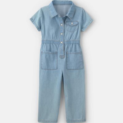 Toddler Girl Short-Sleeve Denim Jumpsuit - Light Wash