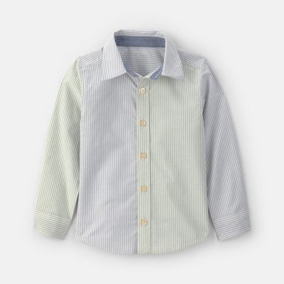 Toddler Boy Poplin Button-Down Shirt- Green/Blue