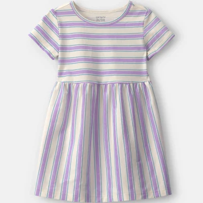 Toddler Girl Striped Short-Sleeve Dress - Purple/Ivory