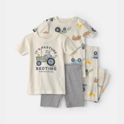 Toddler Boy Farm 100% Cotton 4-Piece Pajama Set - Ivory/Grey