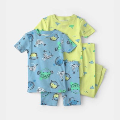 Toddler Boy Pufferfish 100% Cotton 4-Piece Pajama Set - Blue/Yellow