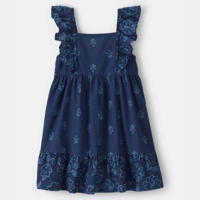 Toddler Girl Floral Ruffle-Sleeve Dress - Navy