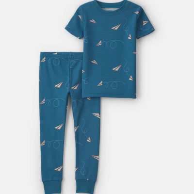 Toddler Boy Paper Airplane 100% Cotton 2-Piece Pajama Set - Navy Blue