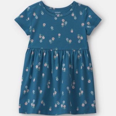 Toddler Girl Floral Short-Sleeve Dress - Navy Blue
