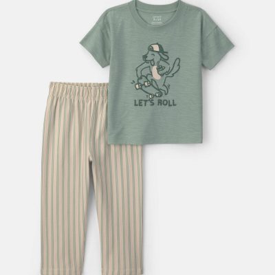 Toddler Boy 2-Piece Skateboard Short-Sleeve Top & Pant Set - Green/Cream