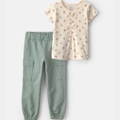 Toddler Girl 2-Piece Floral Top & Pant Set - Green/Ivory