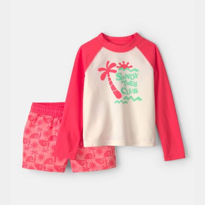 Toddler Boy 2-Piece 'Sandy Toes Club' Rashguard Swimsuit Set - Orange/Ivory