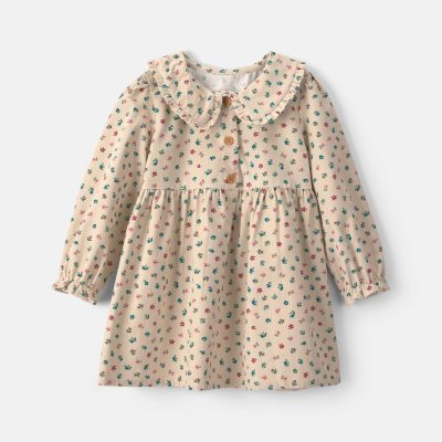 Toddler Girl Floral Collared Corduroy Long-Sleeve Dress - Cream