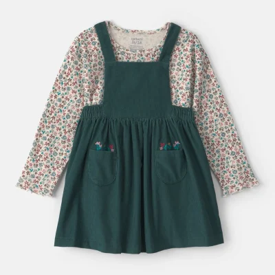 Toddler Girl 2-Piece Floral Corduroy Long-Sleeve Dress Set