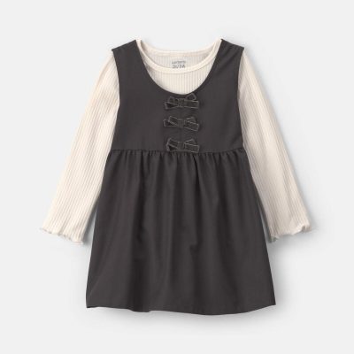 Toddler Girl 2-Piece Bow Twill Long-Sleeve Dress Set - Black/Cream