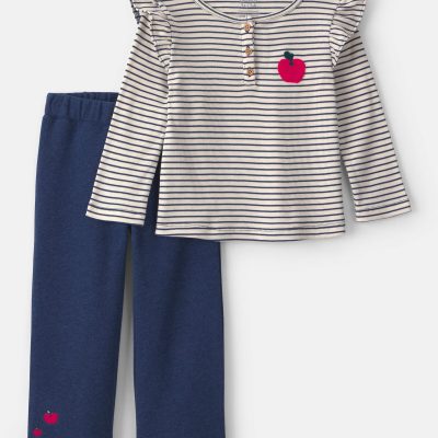 Toddler Girl 2-Piece Apple Striped Fleece Long-Sleeve Top & Pant Set - Navy Blue/Cream