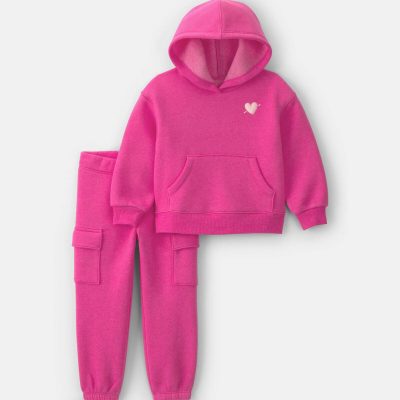 Toddler Girl Heart Fleece Hoodie & Pant Set - Pink