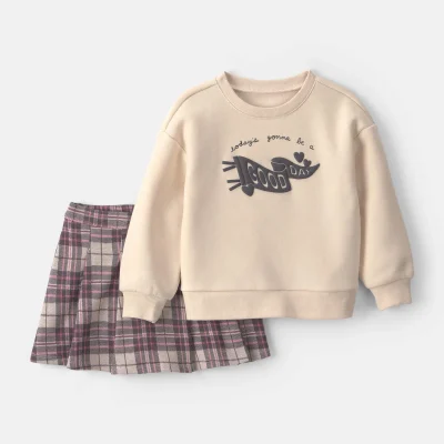 Toddler Girl 2-Piece 'Good Day' Plaid Fleece Sweatshirt & Skirt Set - Cream/Burgundy