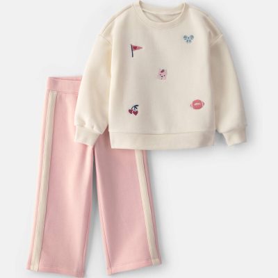 Toddler Girl 2-Piece Varsity Fleece Sweatshirt & Pant Set - Cream/Pink