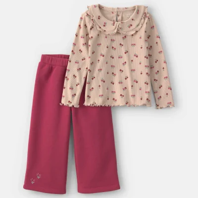Toddler Girl 2-Piece Floral Fleece Long-Sleeve Top & Pant Set - Brown/Red
