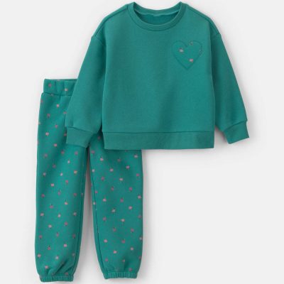 Toddler Girl 2-Piece Heart & Floral Fleece Long-Sleeve Top & Pant Set - Green