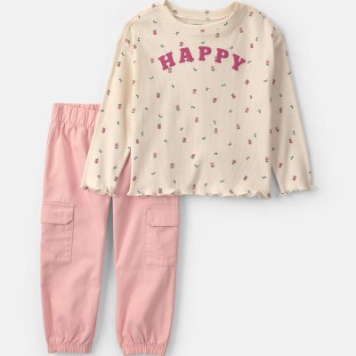 Toddler Girl 2-Piece 'Happy' Striped Twill Long-Sleeve Top & Pant Set - Pink/Cream