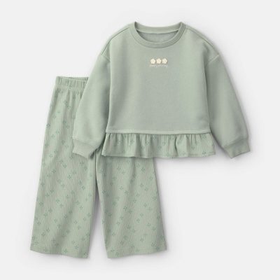 Toddler Girl 2-Piece Floral Fleece Long-Sleeve Top & Pant Set - Green
