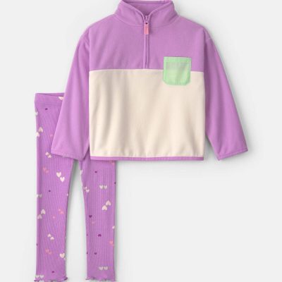 Toddler Girl 2-Piece Heart Fleece Long-Sleeve Top & Pant Set - Purple/Cream