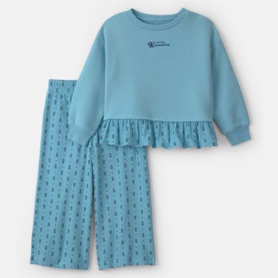 Toddler Girl 2-Piece Flower Fleece Long-Sleeve Top & Pant Set - Blue