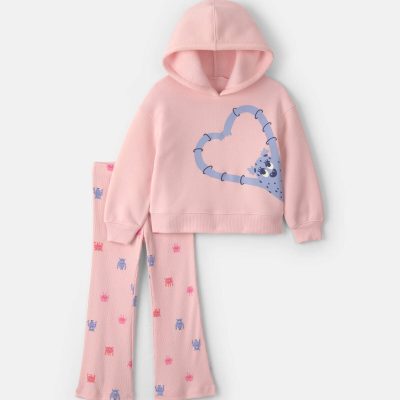 Toddler Girl 2-Piece Monster Heart Fleece Hoodie & Pant Set - Pink/Purple
