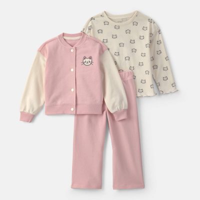 Toddler Girl 3-Piece Cat French Terry Long-Sleeve Layering Set - Pink/White