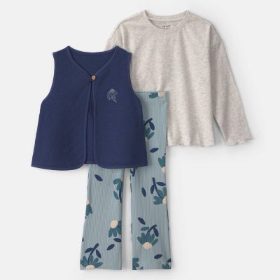 Toddler Girl 3-Piece Floral Long-Sleeve Layering Set - Blue/Grey
