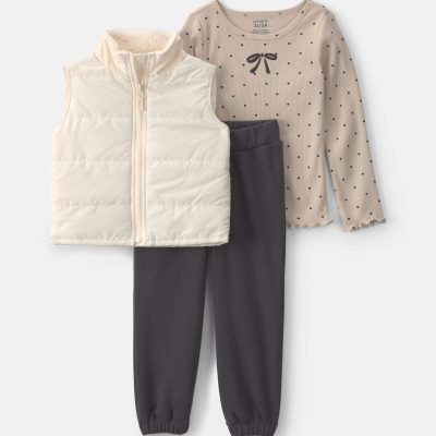 Toddler Girl 3-Piece Bow Polka Dots Fleece Long-Sleeve Layering Set - Brown/Cream