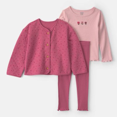 Toddler Girl 3-Piece Floral Long-Sleeve Layering Set - Pink/Red