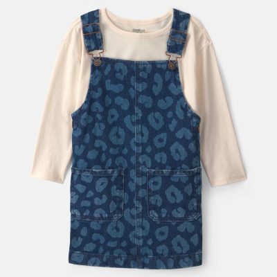 Toddler Girl 2-Piece Leopard Long-Sleeve Overall Set - Dark Wash