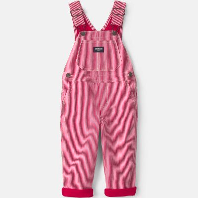 Toddler Boy Hickory Stripe Overalls - Red/White
