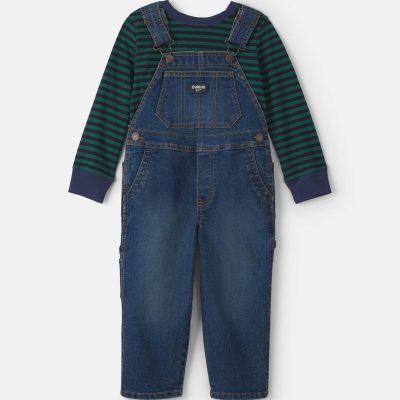 Toddler Boy 2-Piece Striped Denim Overall Set - Blue/Green