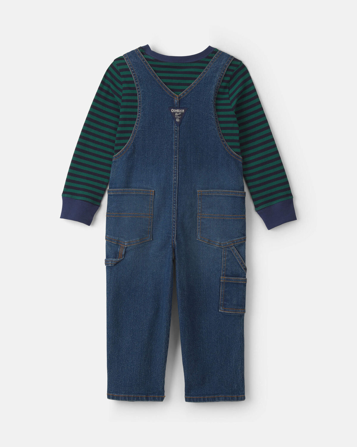 Toddler Boy 2-Piece Striped Denim Overall Set - Blue/Green - Image 2