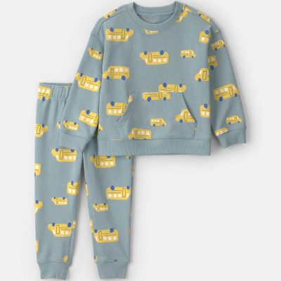 Toddler Boy 2-Piece School Bus French Terry Hoodie & Pant Set - Blue/Yellow