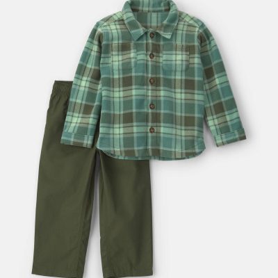 Toddler Boy 2-Piece Plaid Fleece Jacket & Pant Set - Green