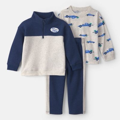 Toddler Boy 3-Piece Color Block Fleece Top & Pant Set - Navy Blue/Grey