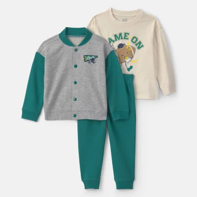 Toddler Boy 2-Piece Varsity French Terry Long-Sleeve Top & Pant Set - Cream/Green