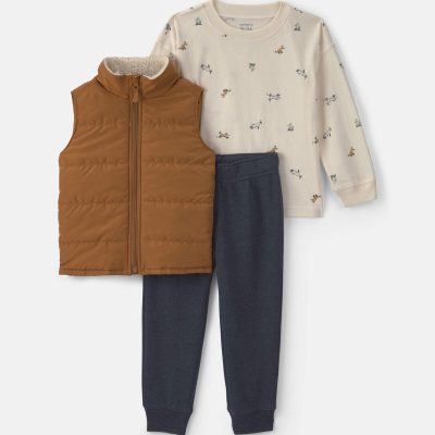 Toddler Boy 3-Piece Fleece Long-Sleeve Top & Pant Set - Brown/Cream