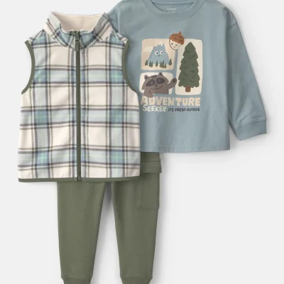 Toddler Boy 3-Piece 'Adventure' Car Long-Sleeve Top & Pant Set - Blue/Green/Cream